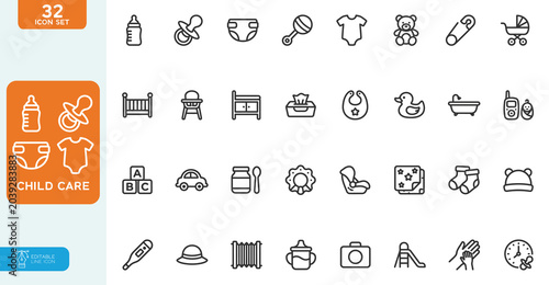 Bild auf Leinwand Child care Vector illustration line editable icons set