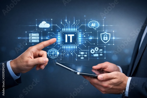 Digital IT concept with futuristic interface icons and human interaction. Ai generative