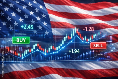 American flag and stock trading chart with buy and sell signals concept. Ai generative