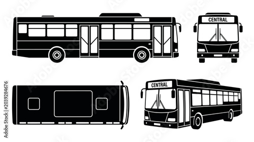 Set of city bus illustrations in different views.