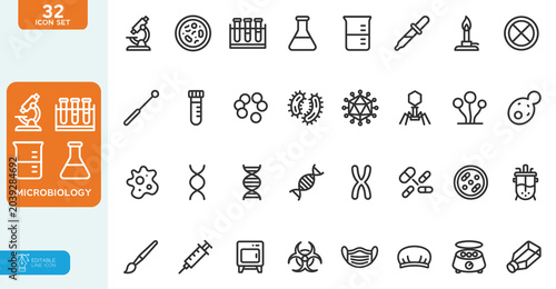 Bild auf Leinwand Microbiology Vector illustration line editable icons set