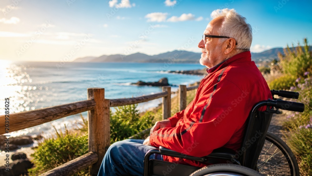 Fototapeta premium Elderly man in wheelchair enjoying sunset view by the ocean 