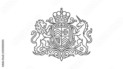 Detailed heraldic coat of arms with lion and unicorn.