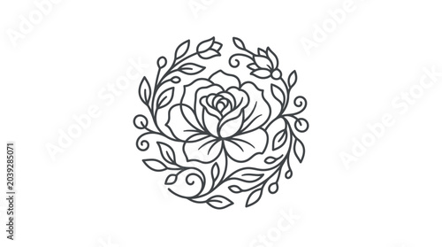 Floral rose emblem in a circular vine frame.