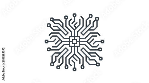Intricate square circuit board and microchip diagram.