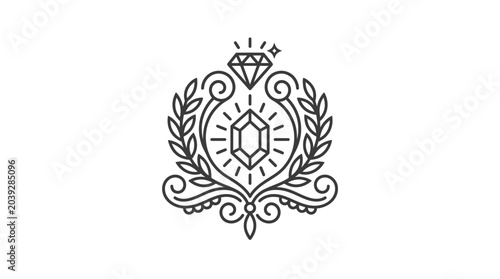 Ornate diamond gem surrounded by laurel wreath line art.