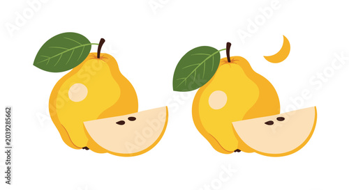 Two yellow quinces with one cut slice showing seeds and green leaves on a plain white background for fruit and healthy food concepts.