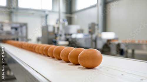 Automated production line sorting brown eggs in an industrial agricultural facility. Blurred machinery background highlights modern farming, efficiency, and quality control.