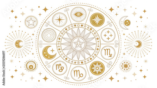 Fotografija Elegant zodiac astrology symbols illustration with gold stars and moon phases on
