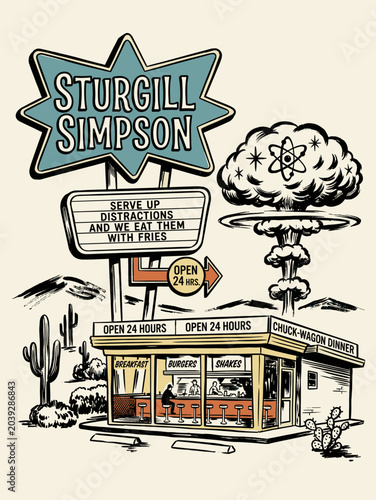 Vintage-style illustration of a classic 24-hour roadside diner in a desert landscape with cacti and a mushroom cloud, featuring a large neon sign and a message marquee on a beige background.