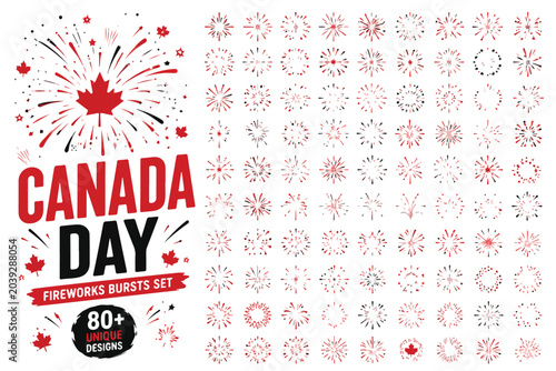Foto Canada Day fireworks bursts set, 80 unique red and black firework icons, patriot