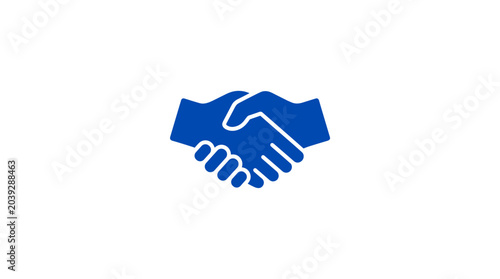 Two blue hands shaking in agreement and partnership.