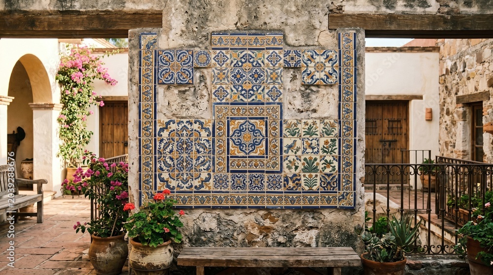 Naklejka premium Colorful tile wall in a courtyard with plants in San Miguel de Allende, Mexico during the day