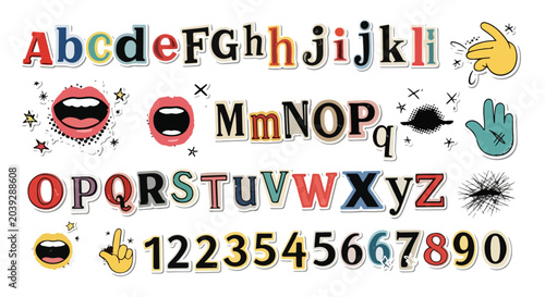 Obraz na płótnie Retro ransom note alphabet and numbers vector set, vintage magazine cutout lette
