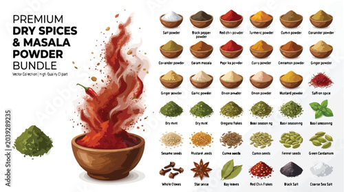 Premium dry spices and masala powder bundle, organic seasoning collection in wooden bowls, aromatic culinary herbs and spice set for cooking