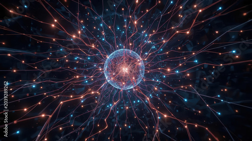 Glowing neural network sphere with radiating filaments and luminous nodes