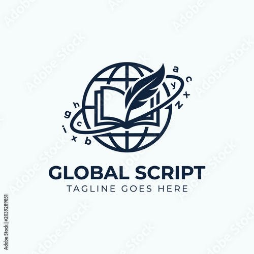 Professional academic logo design combining a globe, an open book, and a quill pen, surrounded by orbiting letters for international schools, publishing houses, or global translation services.