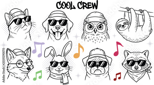 Cool crew animal portrait line art vector set, hand drawn funny pets and wildlife wearing sunglasses and hats illustration