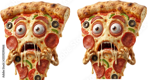 Foto Anthropomorphic Pizza Slice With Big Eyes And Dripping Cheese