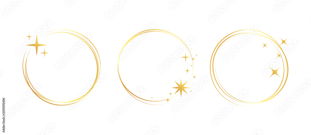 Fototapeta premium Gold frame golden ring set. Hand drawn golden round glitter line circular border with light sparkle. Luxury whimsical wedding jewelry glow flare decoration snowflake star. Vector illustration
