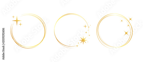 Gold frame golden ring set. Hand drawn golden round glitter line circular border with light sparkle. Luxury whimsical wedding jewelry glow flare decoration snowflake star. Vector illustration