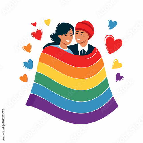Couple Wrapped in Rainbow Flag with Hearts