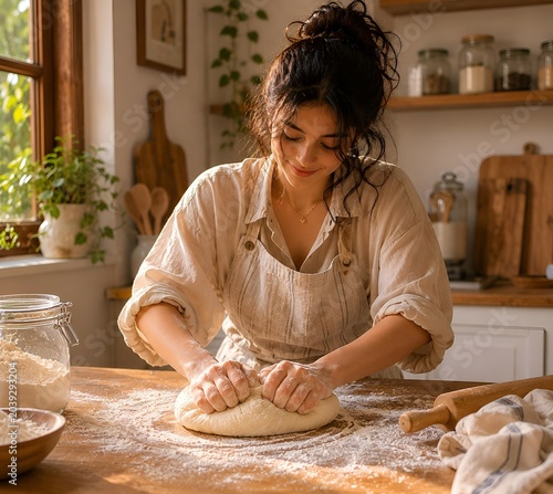 Young woman preparing bread dough in sunny rustic kitchen with kneading homemade lifestyle