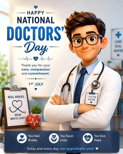 Happy national doctors day celebration with professional doctor character doctor coat thank you
