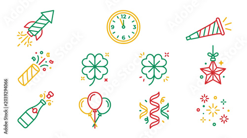 Canvas Print A vibrant collection of festive line icons for New Year's Eve celebrations, featuring fireworks, clocks, party horns, champagne, balloons, and lucky clovers