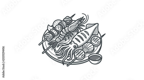 Quadro su tela Assorted grilled seafood platter line art icon.
