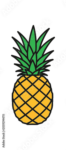 Simple Cartoon Illustration of a Ripe Pineapple Fruit with Green Leaves.