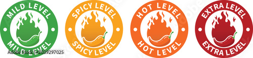 Fotografie Spice level icons with chili pepper symbols in various colors representing heat intensity from mild to extra hot