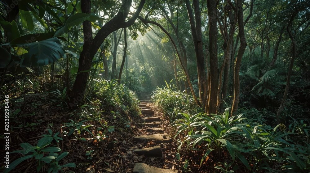 Fototapeta premium Lush rainforest trail with sunbeams filtering through dense green canopy, serene adventure mood