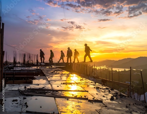 Construction workers on building site sunset.