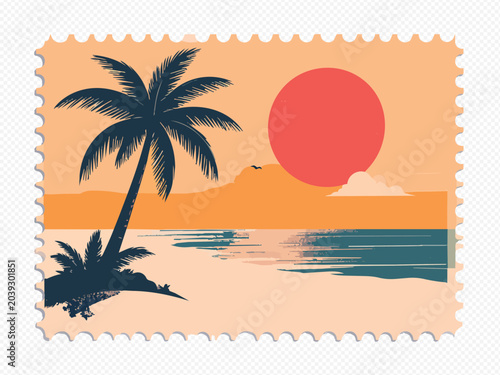 Tropical beach scene with palm tree at sunset on a postage stamp