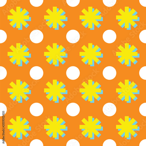 Seamless geometric pattern with stars and polka dots on orange