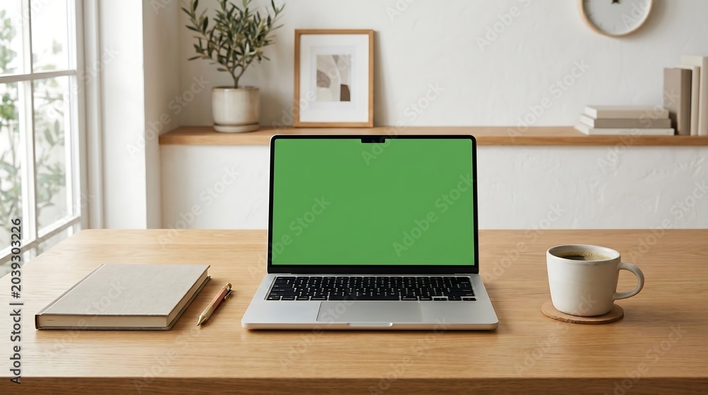 Fototapeta premium Clean wooden desk setup featuring a laptop with a green screen chroma key, a cup of coffee, and a notebook in a bright home office.