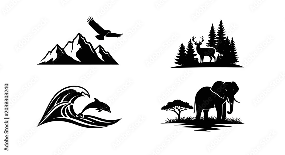 Obraz premium Wildlife Silhouettes: Eagle, Deer, Dolphin, Elephant, Mountains, Forest, Ocean Waves