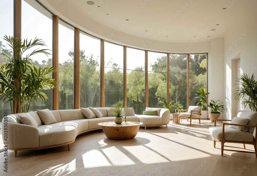 Fototapeta premium Modern well being lounge interior with curved sofa, large windows, indoor plants, and natural light for office or hotel lobby background