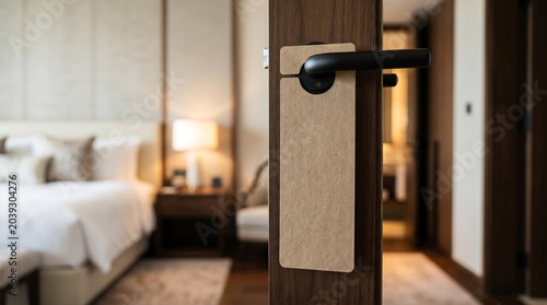 Blank brown cardboard door hanger sign hanging on a handle with a blurred luxury hotel bedroom in the background.