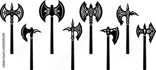 Tableau sur toile Collection of stylized double‑headed battle axe designs with geometric blades, t