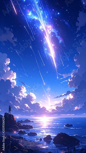 Cosmic light beams over serene ocean.