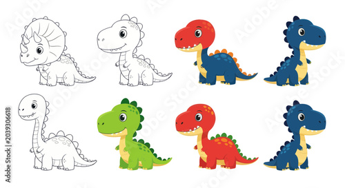 Colorful cartoon dinosaur illustrations side view.