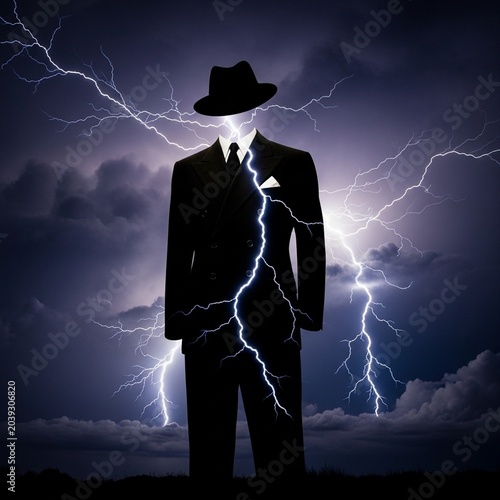 Silhouette of businessman in suit during thunderstorm with lightning bolts at dusk
