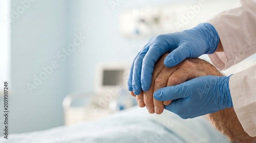 Close up of a doctor in blue surgical gloves holding the hand of an elderly patient to provide comfort and support in a hospital setting.