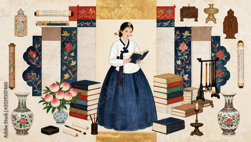 Traditional Korean minhwa folk art illustration of hanbok woman reading book with peaches scrolls vases and scholarly objects, oriental scholar art concept folk illustration with copy space