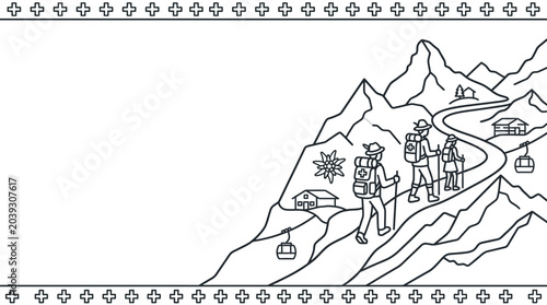 Фотография Hikers Ascend Mountain Trail with Cable Cars and Chalets in Scenic Landscape