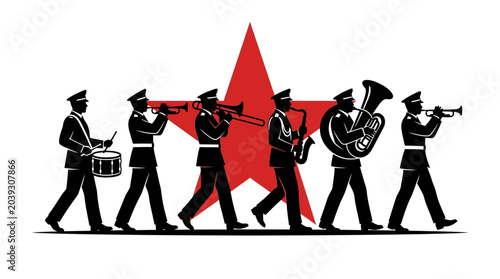 Foto Marching Band Parade with Red Star Background