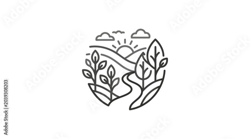 Sustainable agriculture icon with rolling hills and winding path.