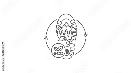 Eco footprint icon featuring mountains camping and nature.
